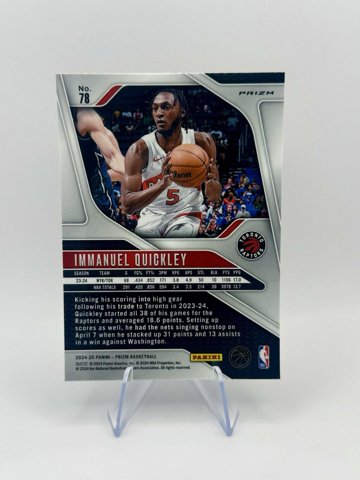 2024-25 Panini Prizm Immanuel Quickley #78 Silver Toronto Raptors NBA Card