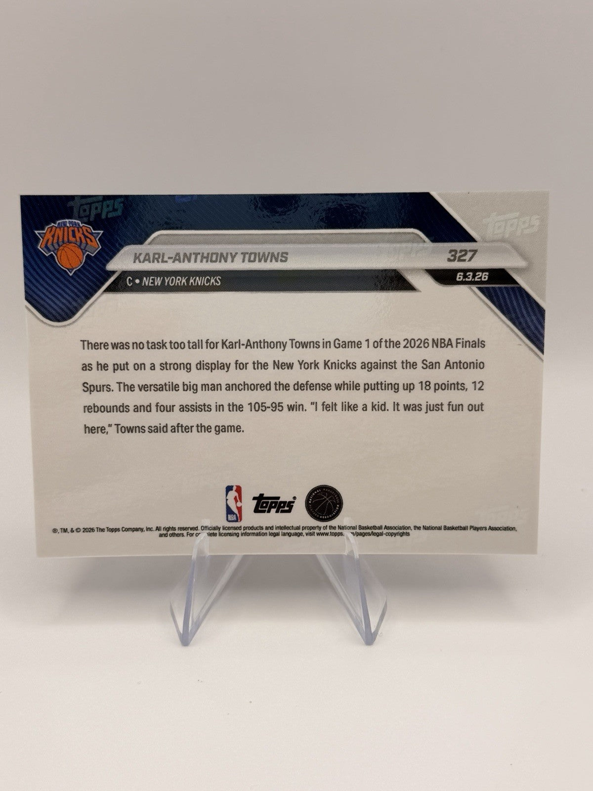 2025-26 Topps NOW Karl-Anthony Towns #327 Knicks NBA Finals Champion