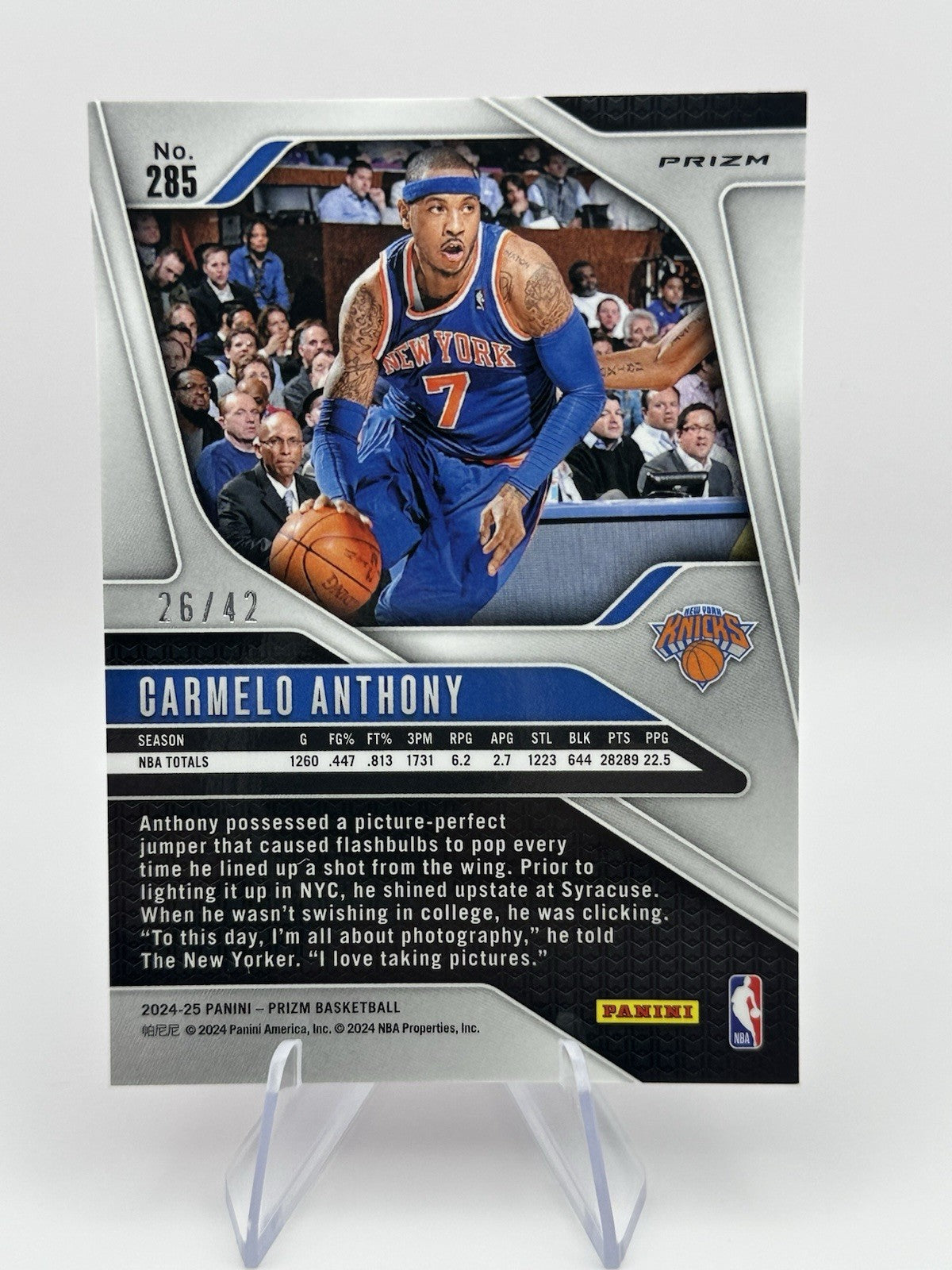 2024-25 Panini Prizm Carmelo Anthony Pink Disco 26/42 #285 New York Knicks SP
