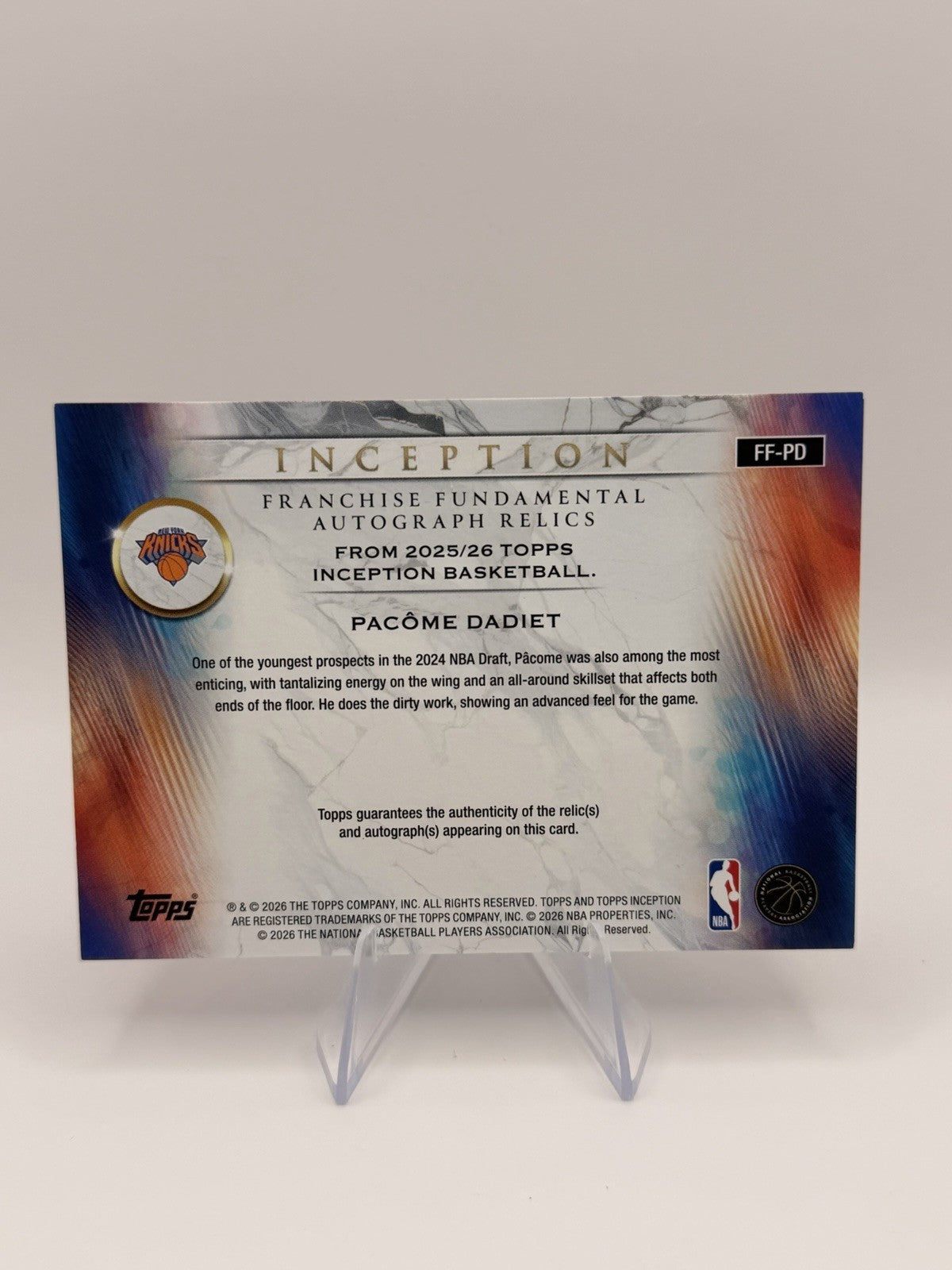 Pacome Dadiet 2025-26 Topps Inception Auto Dual Relic /99 Knicks FF-PD