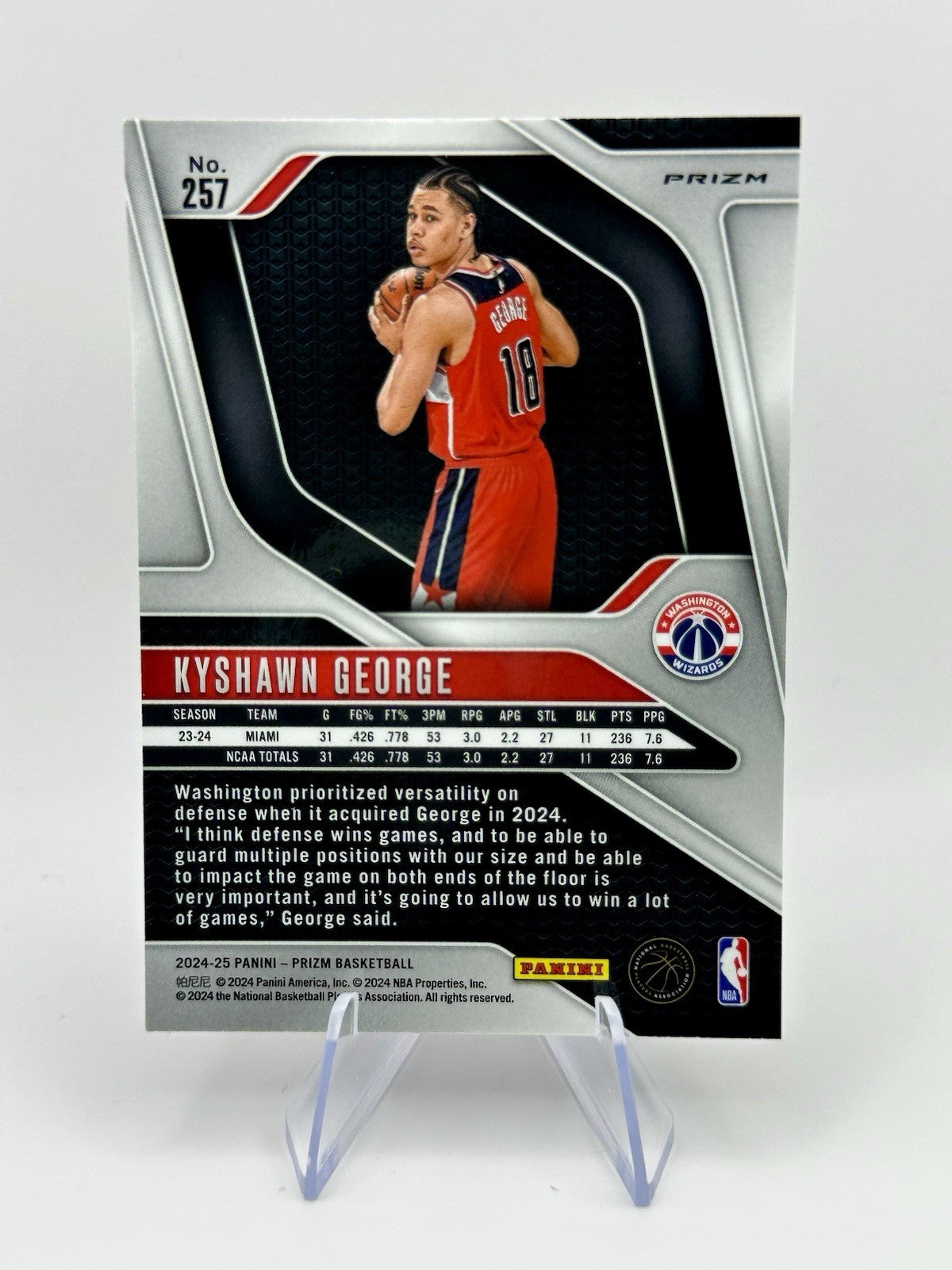 2024-25 Panini Prizm Prizm Kyshawn George Silver Prizm RC Wizards #257 NBA Card