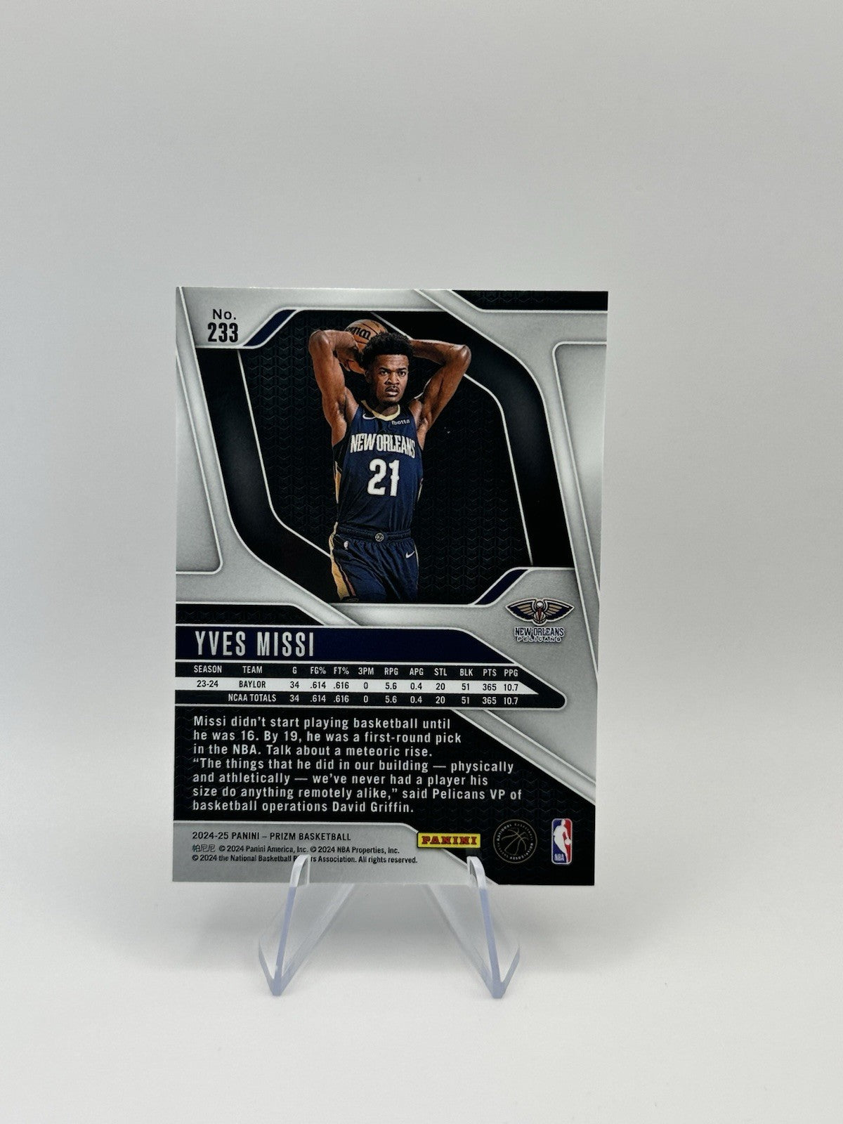 2024-25 Panini Prizm Yves Missi RC #233 New Orleans Pelicans NBA Card