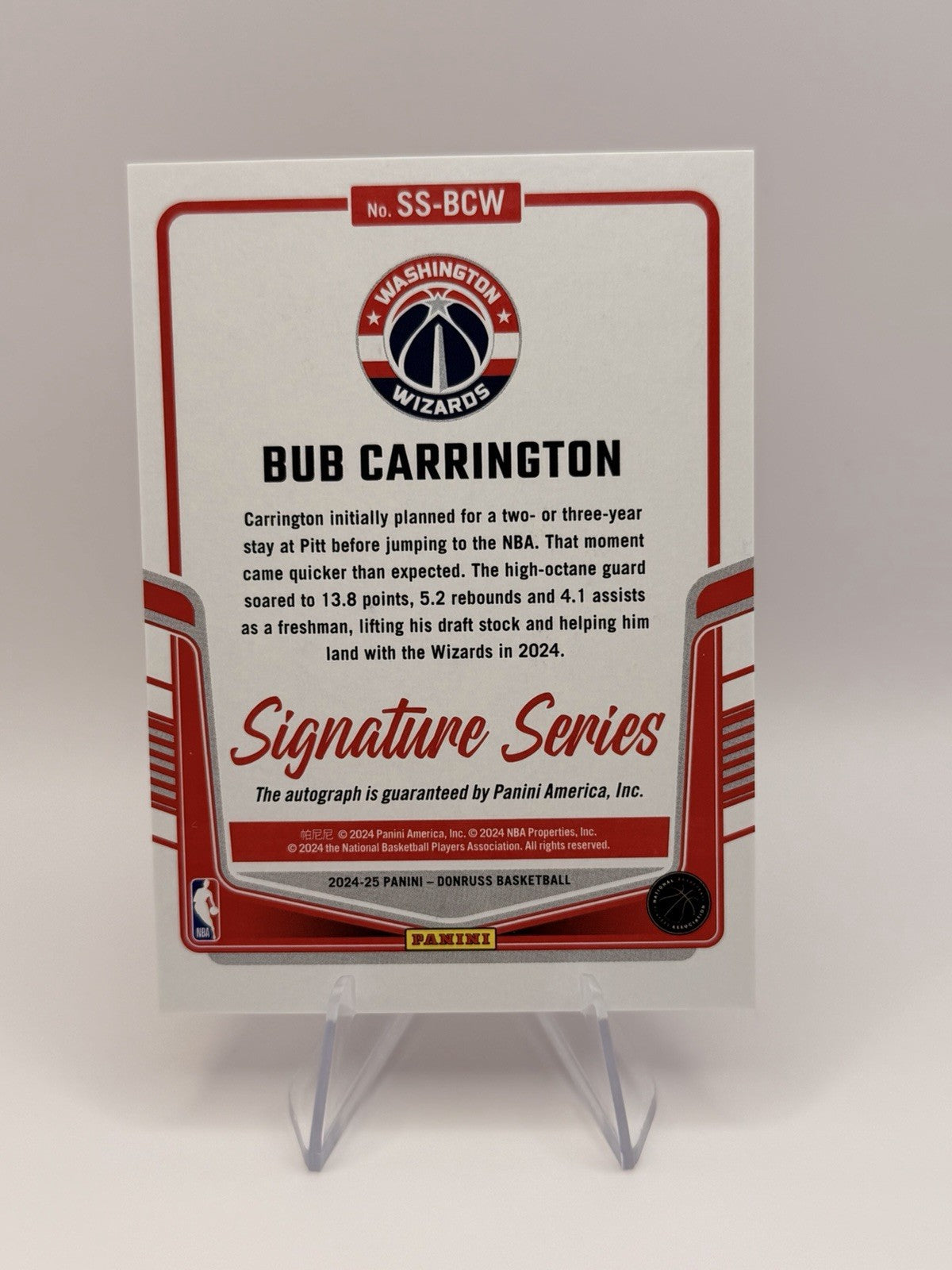 2024-25 Donruss Bub Carrington Signature Series Auto Pink Laser/20 Wizards RC
