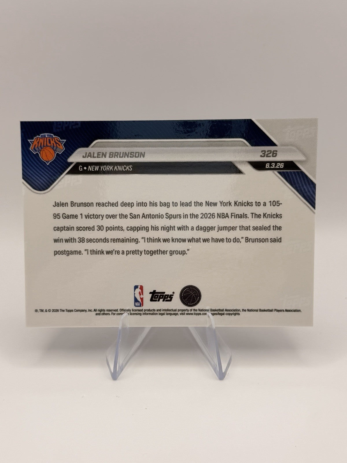 2025-26 Topps NOW Jalen Brunson #326 Knicks NBA Finals Champion MVP