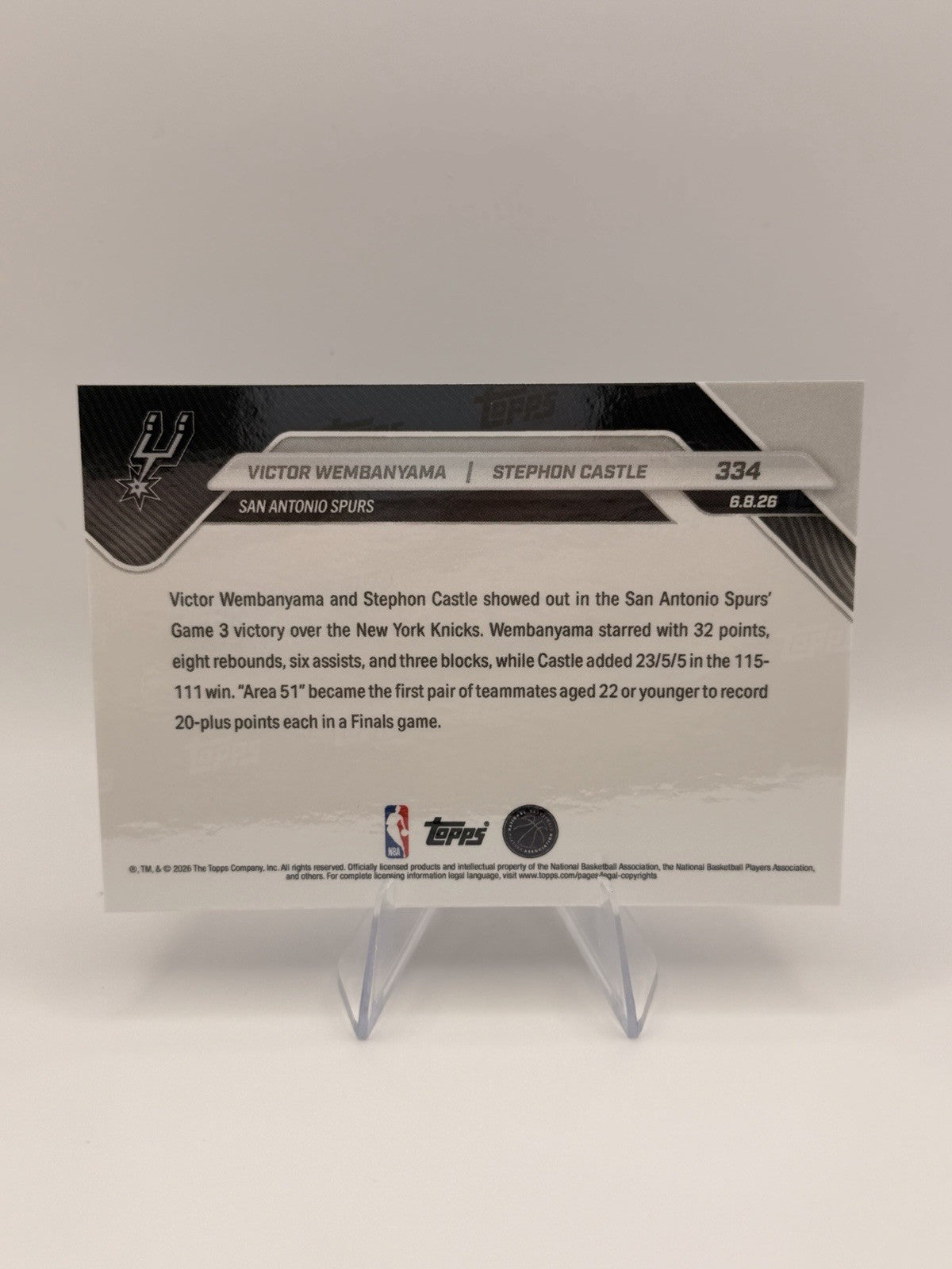 Victor Wembanyama Stephon Castle 2026 Topps NOW #334 Spurs NBA Finals Card