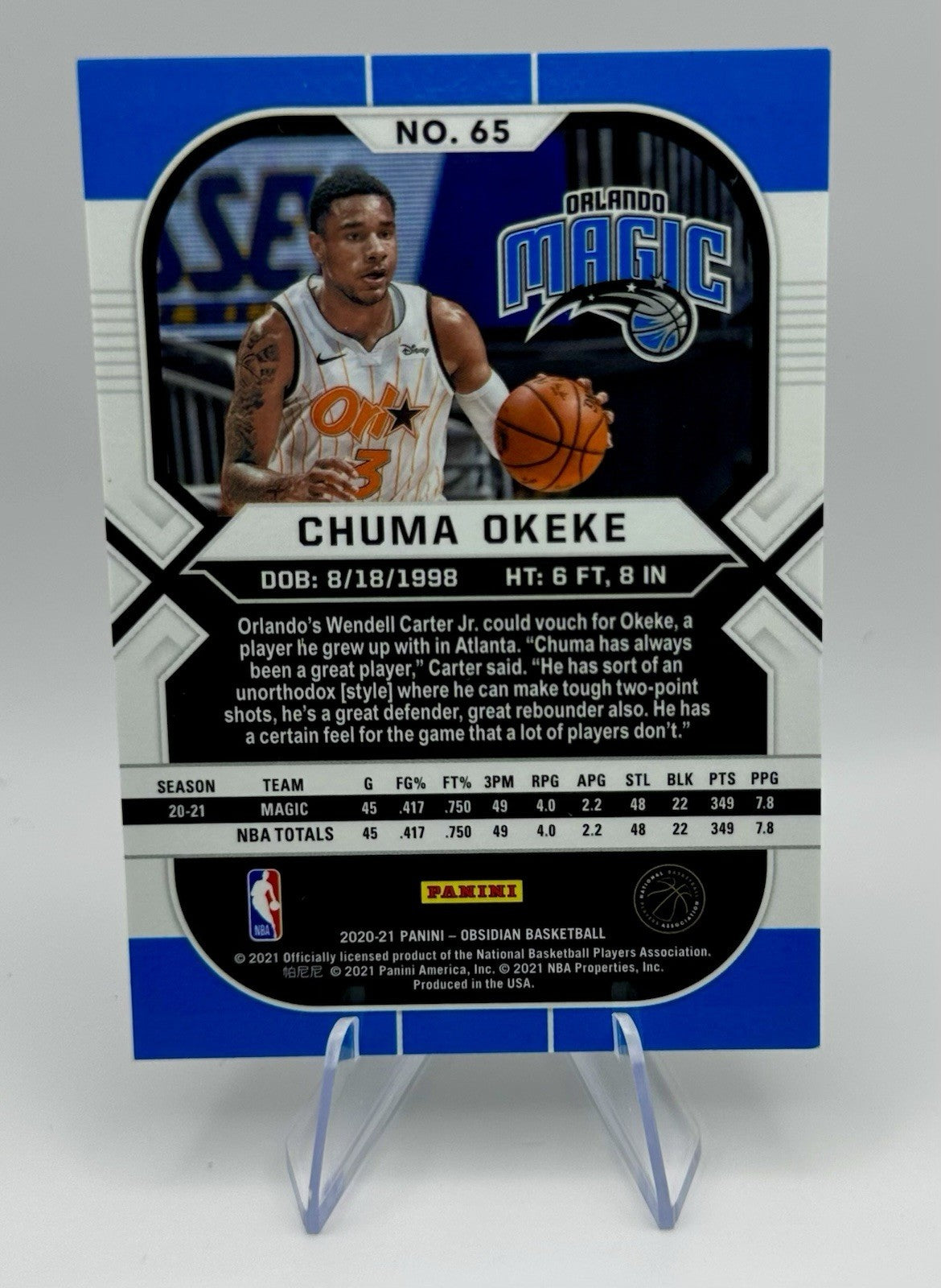2020-21 Panini Obsidian Chuma Okeke Orlando Magic #65 NBA Card