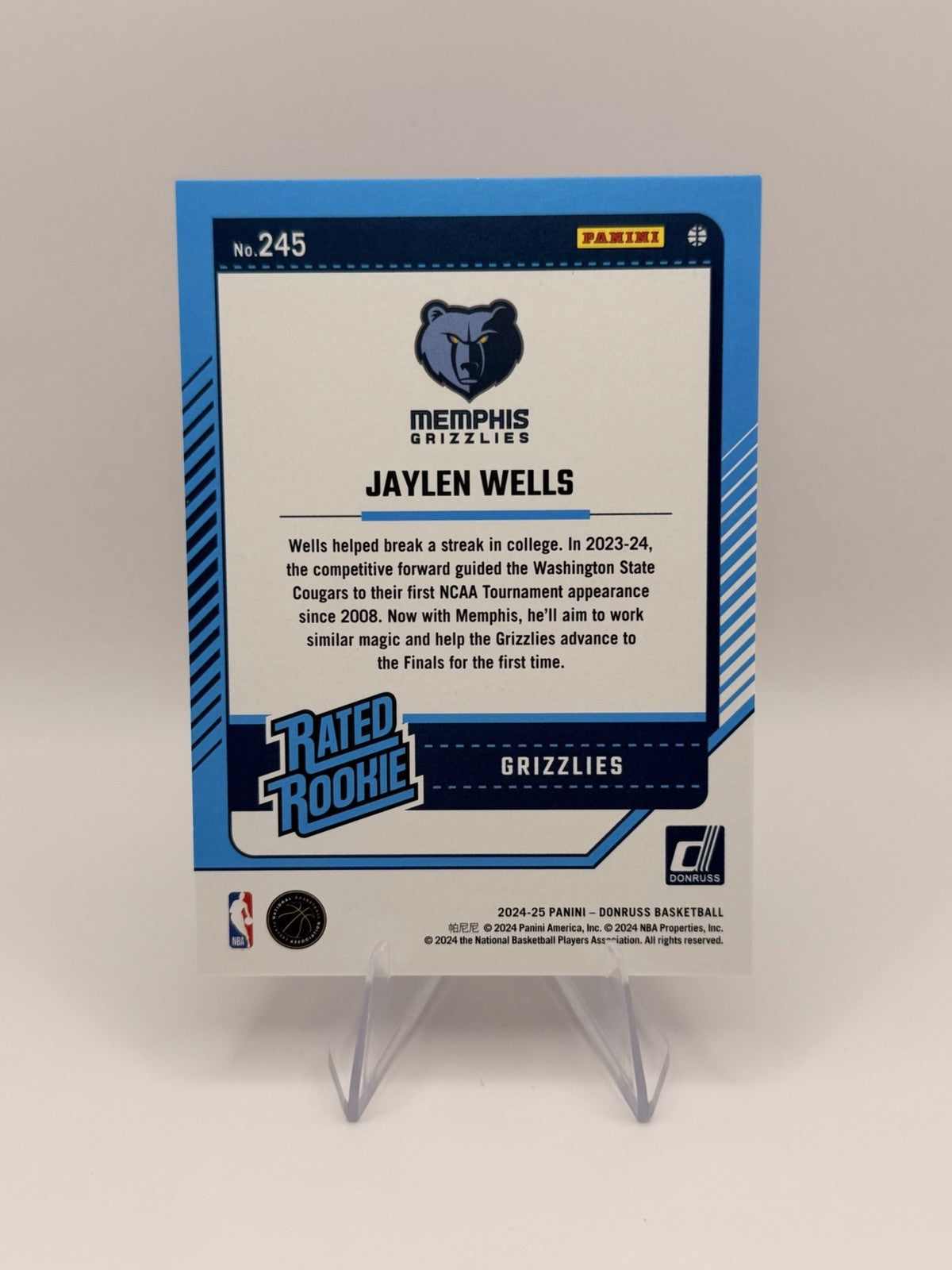 Jaylen Wells 2024-25 Donruss Rated Rookie Red Laser /99 RC #245 Grizzlies