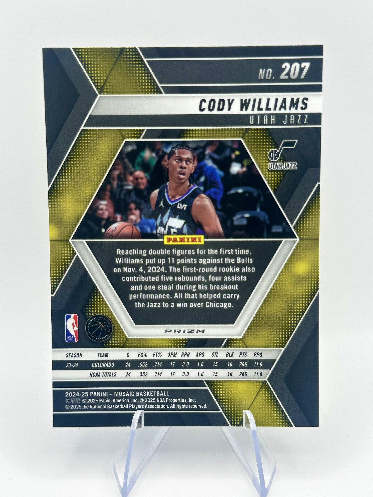 2024-25 Panini Mosaic Cody Williams RC Prizm Utah Jazz #207 NBA Card