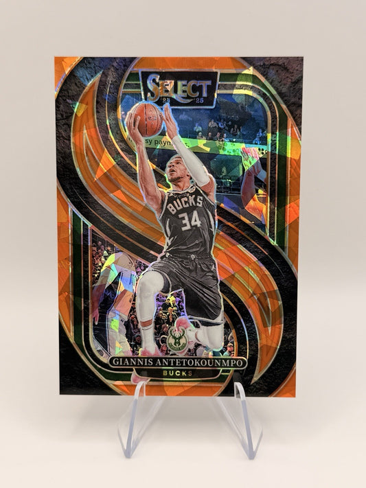 2024-25 Panini Prizm Select Giannis Antetokounmpo Orange Cracked Ice/275 Bucks