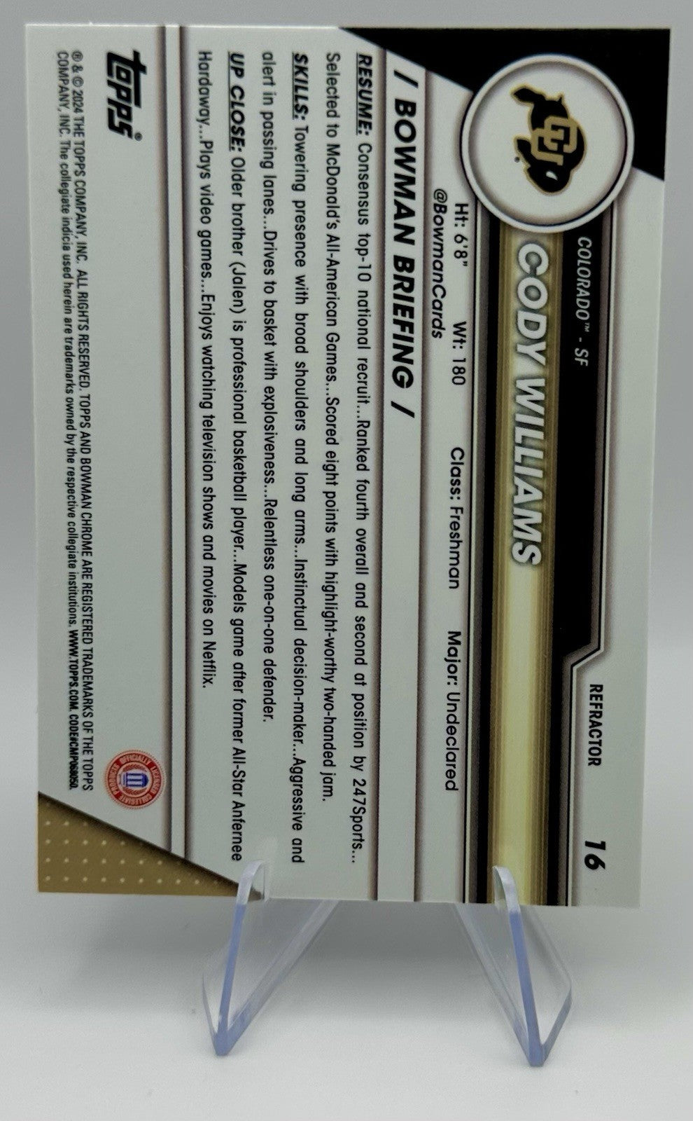 2024 Bowman Chrome U Cody Williams 1st Bowman Colorado Buffaloes RC Prospect