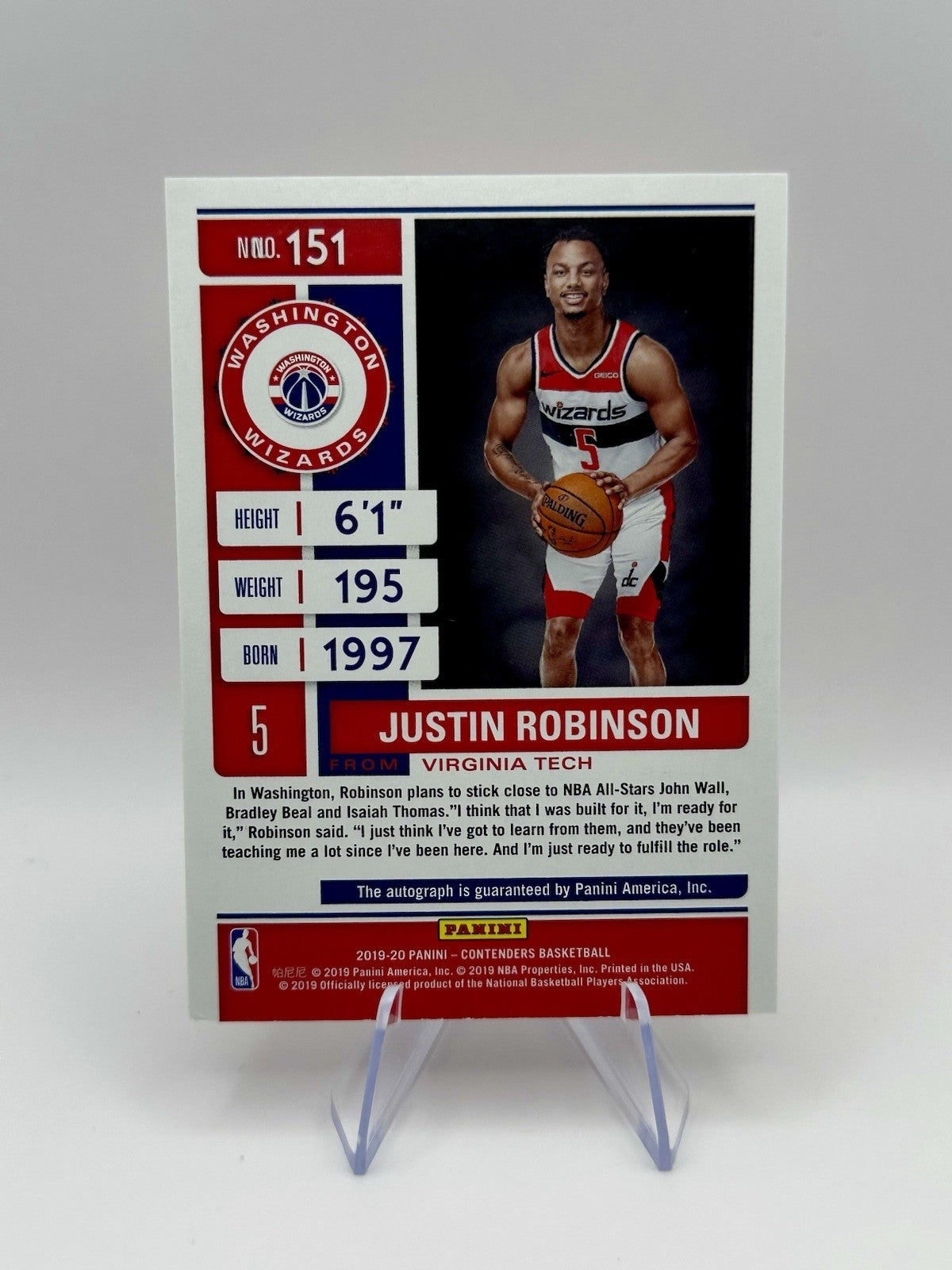 Panini Contenders Justin Robinson RC Auto RC Ticket Washington Wizards NBA Card
