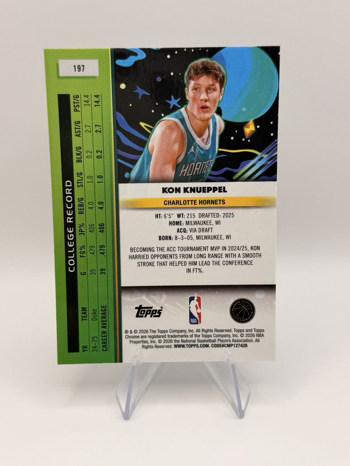 2025 Topps Chrome Kon Knueppel Rookie RC Charlotte Hornets Card #197 NBA Card