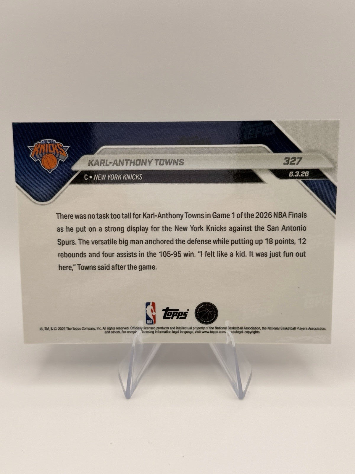 2025-26 Topps NOW Karl-Anthony Towns #327 Orange /25 Knicks NBA Champs