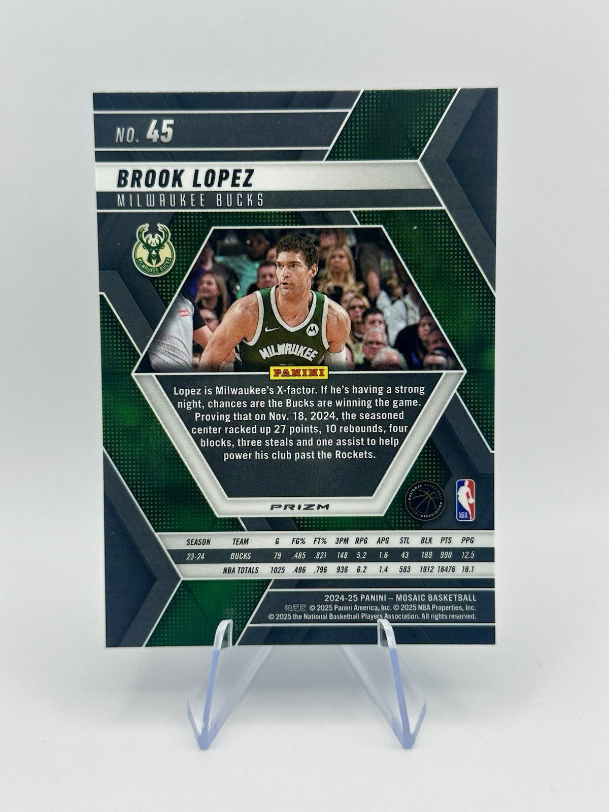 2024-25 Panini Mosaic Brook Lopez Green Mosaic Prizm Milwaukee Bucks #45