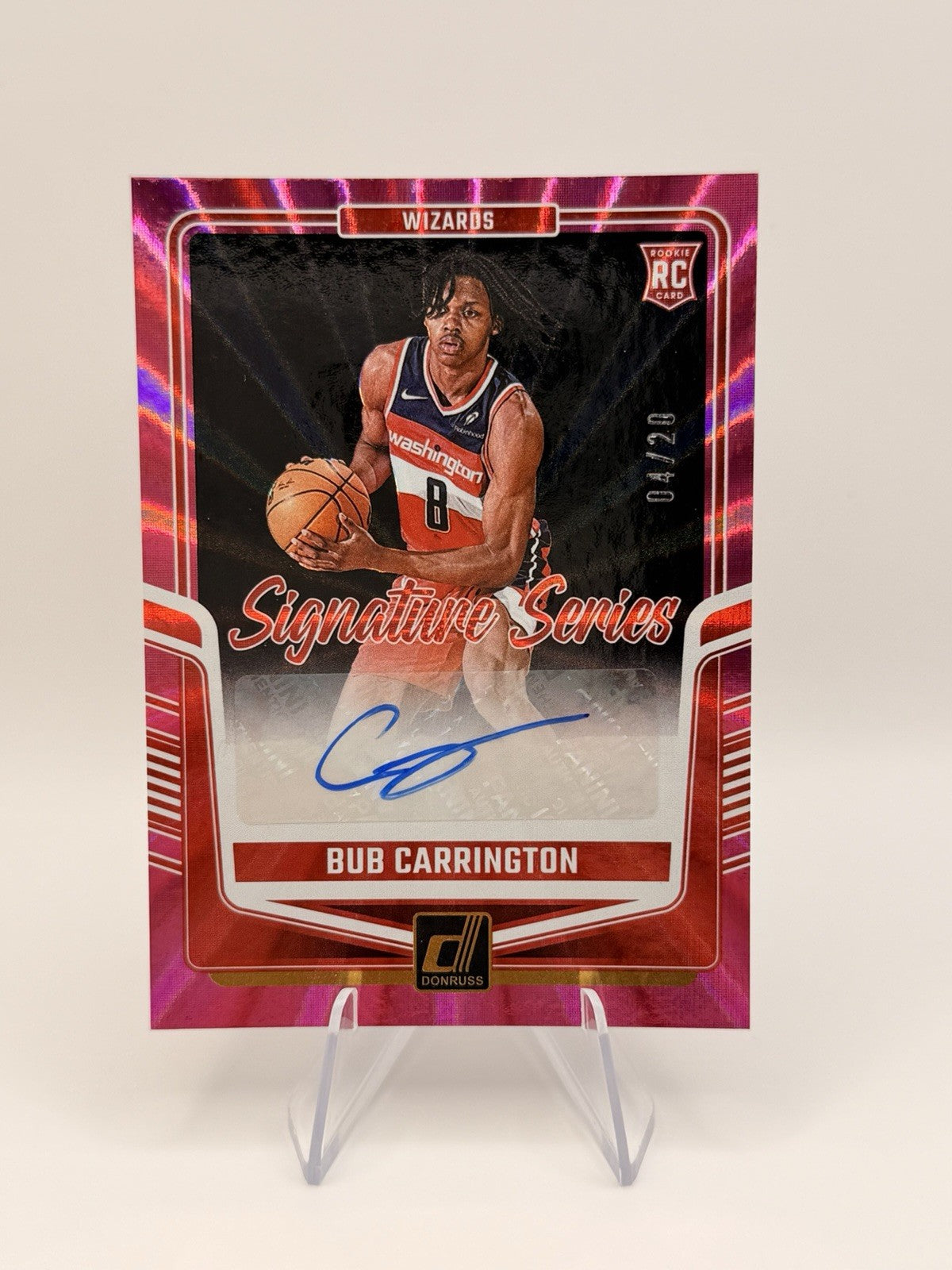 2024-25 Donruss Bub Carrington Signature Series Auto Pink Laser/20 Wizards RC