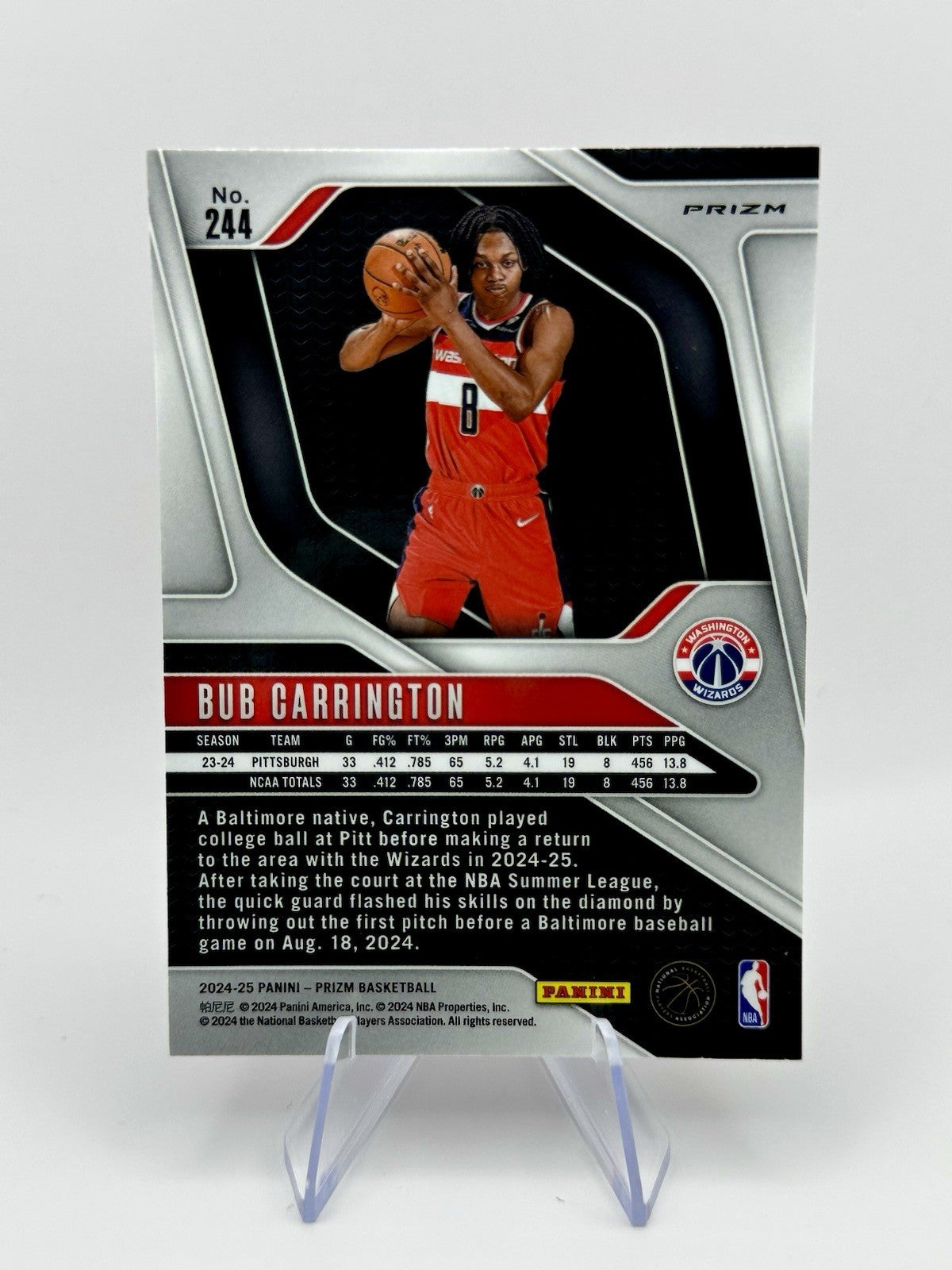 2024-25 Panini Prizm Prizm Bub Carrington Silver Prizm RC Wizards #244 NBA Card