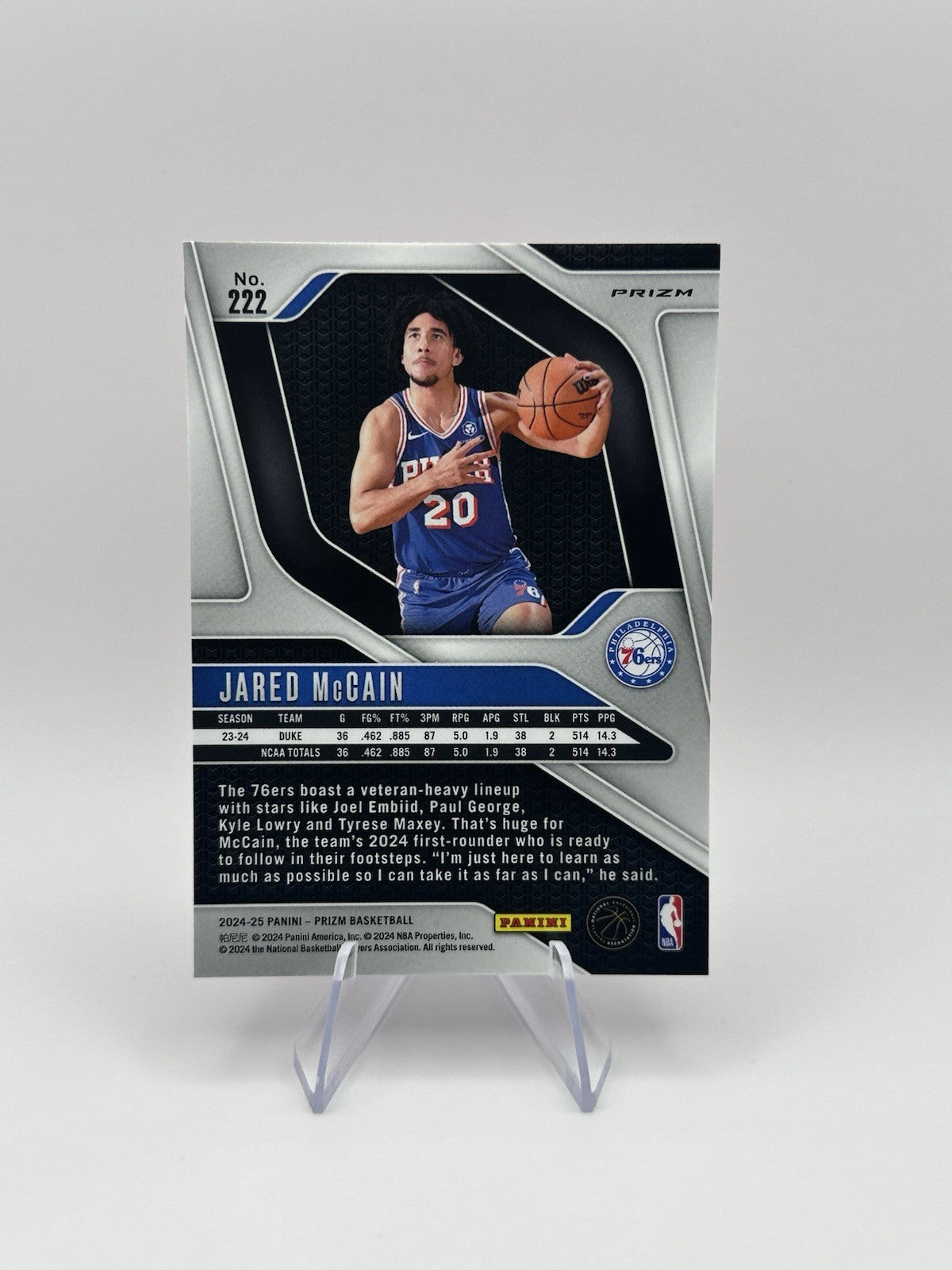 2024-25 Panini Prizm Jared McCain RC #222 Philadelphia 76ers NBA Card
