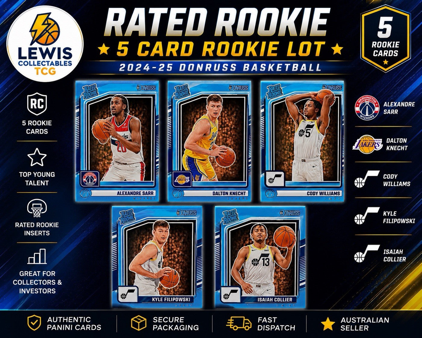 2024-25 Donruss Rated Rookie Lot Sarr Knecht Collier Williams Filipowski RC NM