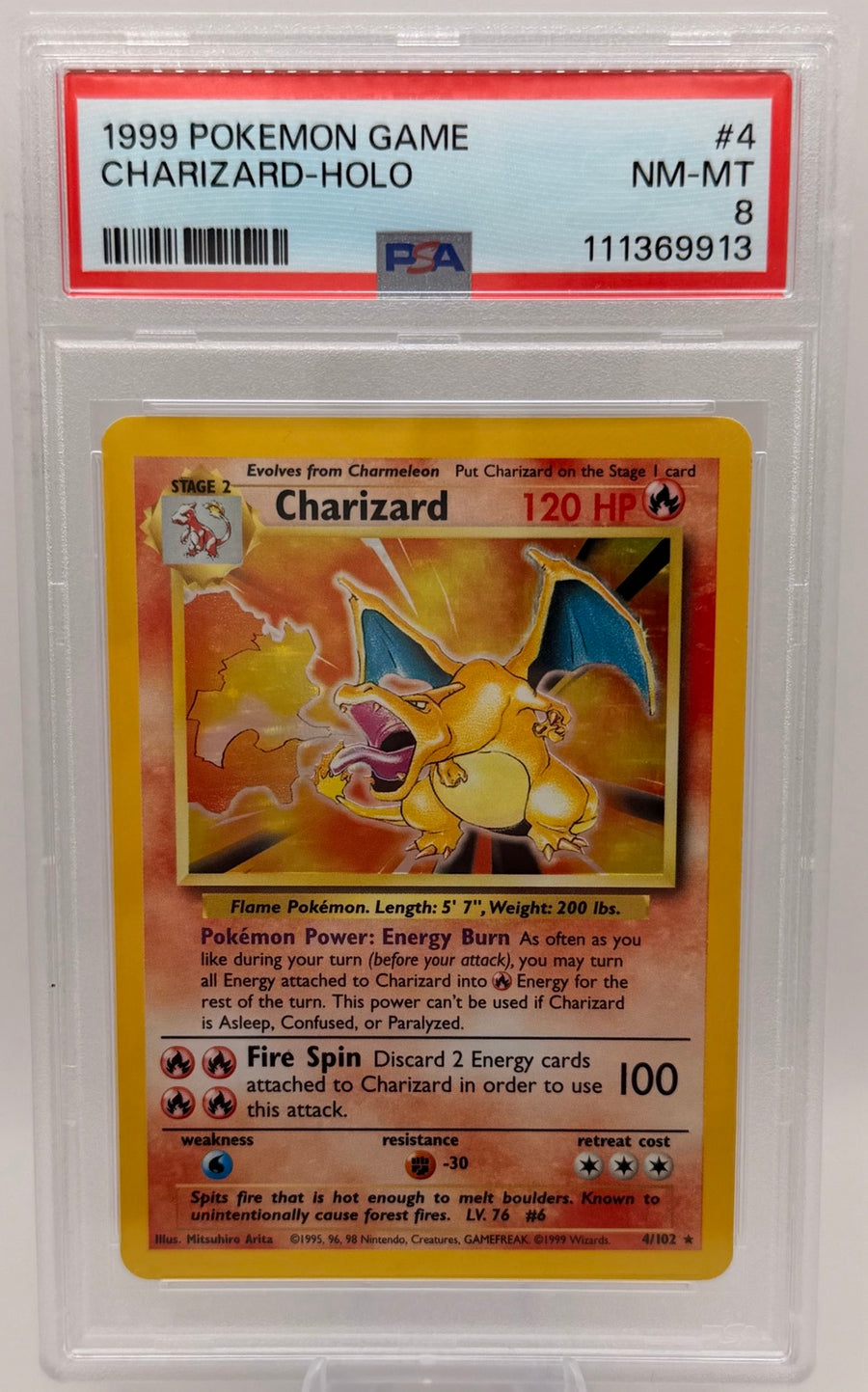 PSA 8 1999 Charizard holo photographed by Lewis Collectables